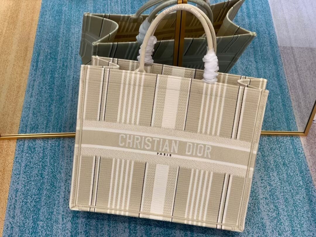 DIOR BOOK TOTE Beige Stripes Embroidery M1286Z