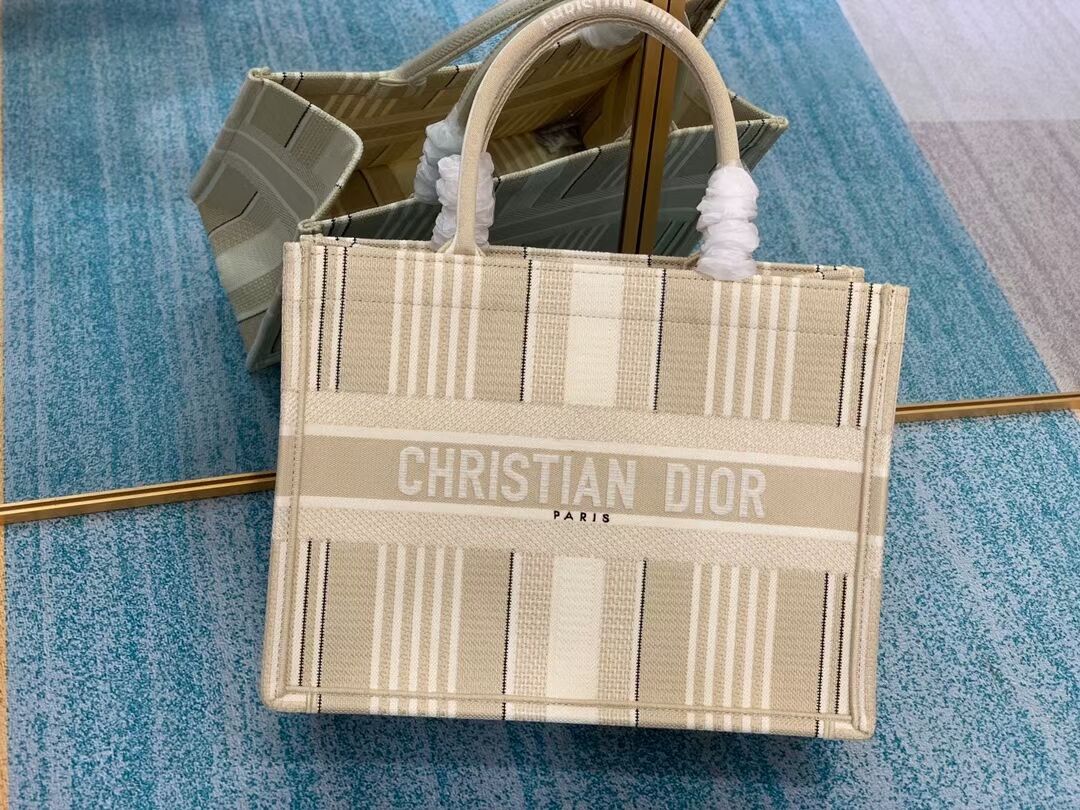 DIOR BOOK TOTE Beige Stripes Embroidery M1287Z