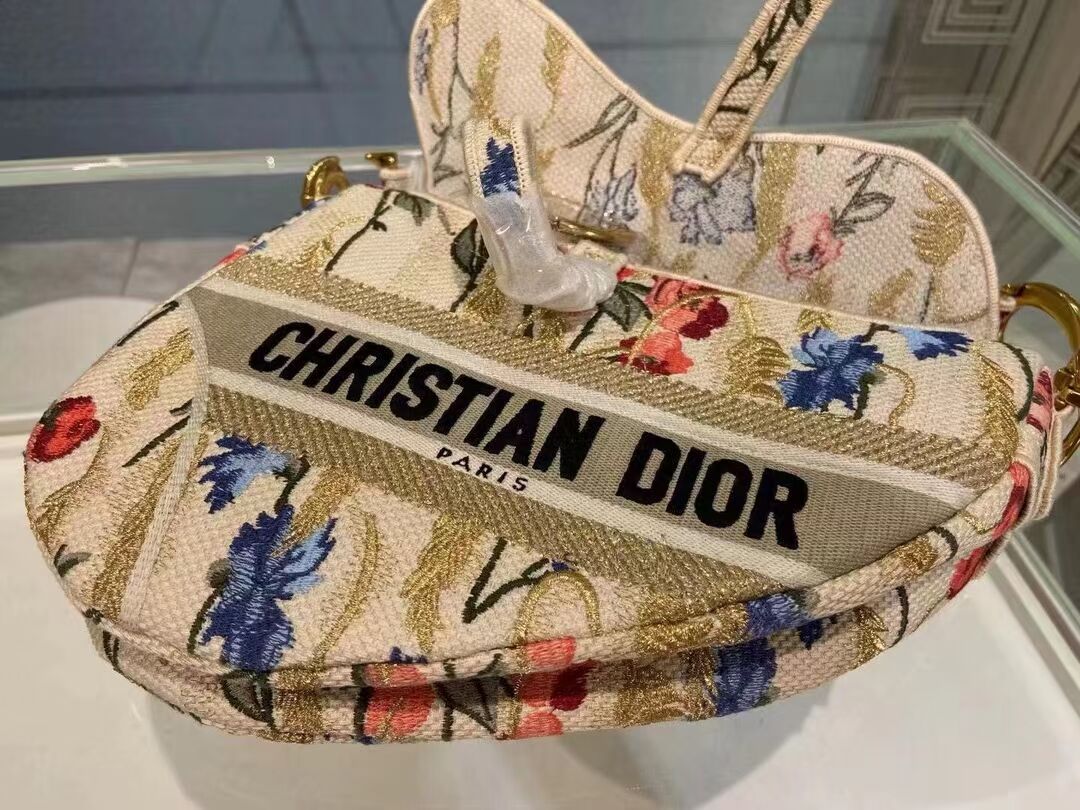 DIOR Beige Multicolor Dior Hibiscus Metallic Thread Embroidery SADDLE BAG M0446C Beige