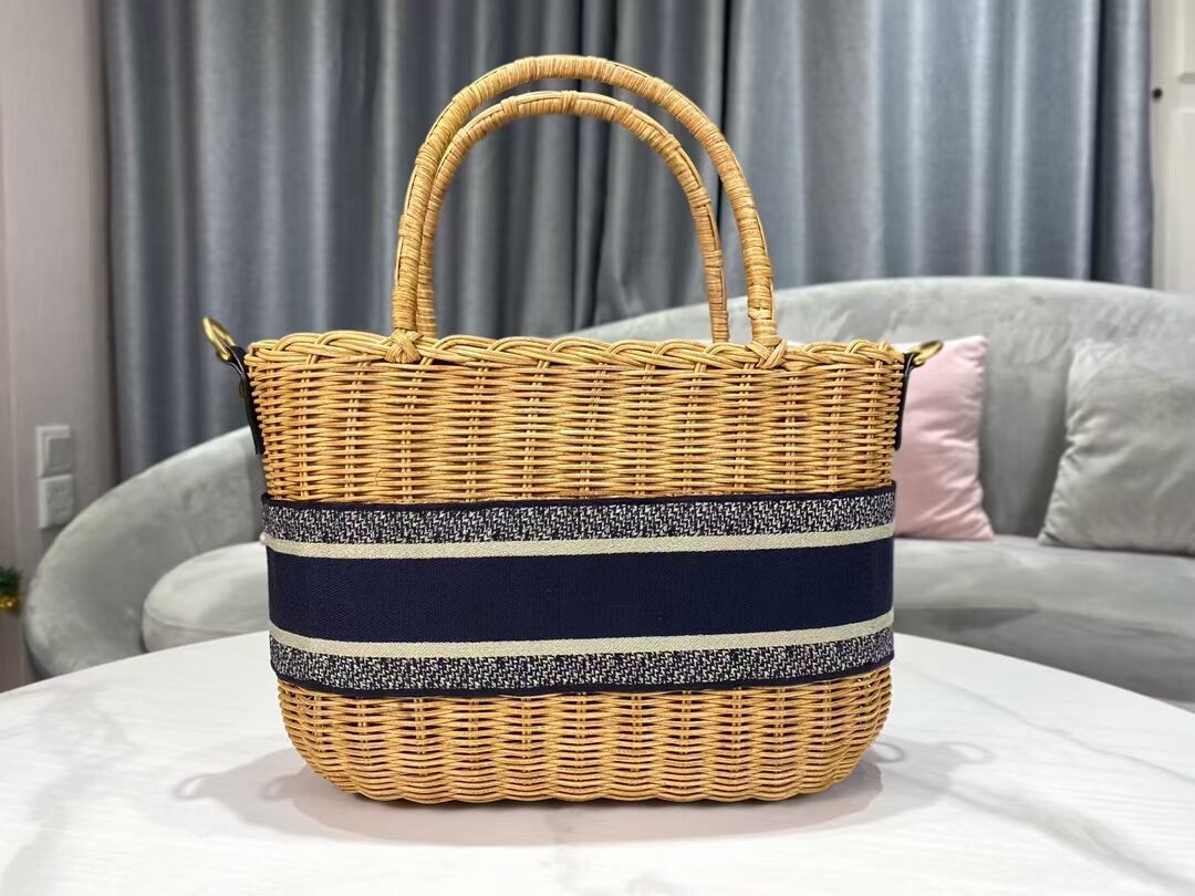 DIOR WICKER BASKET BAG Blue Dior Oblique Jacquard and Natural Wicker M7601