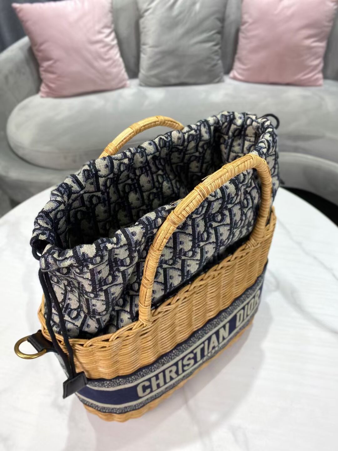 DIOR WICKER BASKET BAG Blue Dior Oblique Jacquard and Natural Wicker M7601