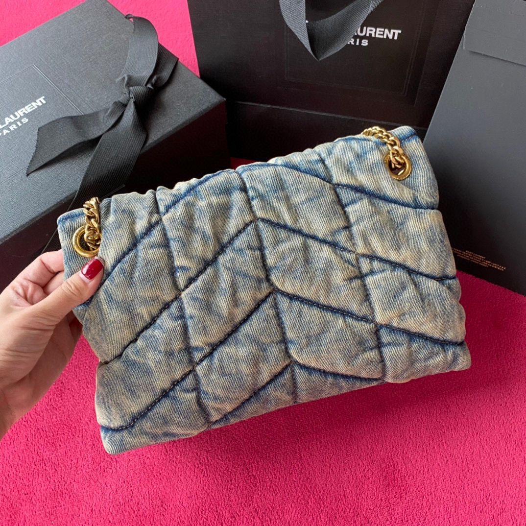 Yves Saint Laurent PUFFER SMALL BAG IN QUILTED VINTAGE DENIM AND SUEDE Y577476 Blue