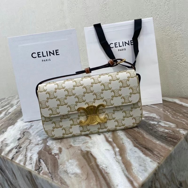 Celine TRIOMPHE SHOULDER BAG IN TRIOMPHE CANVAS AND CALFKSIN 194142 WHITE