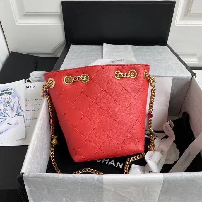 Chanel Lambskin bucket bag AS2381 red