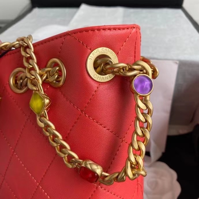 Chanel Lambskin bucket bag AS2381 red