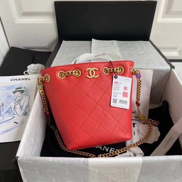 Chanel Lambskin bucket bag AS2381 red