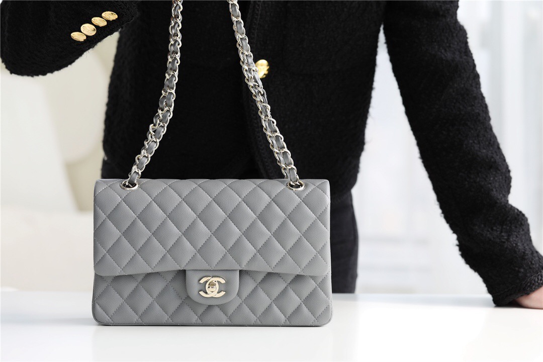 Chanel Classic Handbag Grained Calfskin & silver-Tone Metal A1112 grey