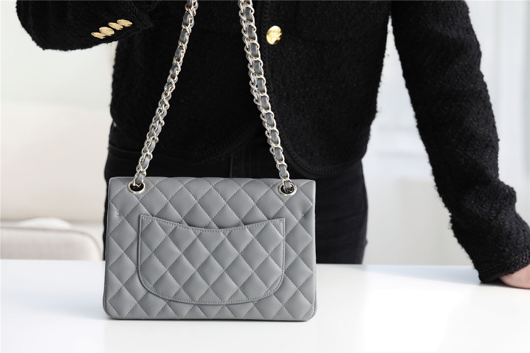 Chanel Small Classic Handbag Grained Calfskin & silver-Tone Metal A01113 grey