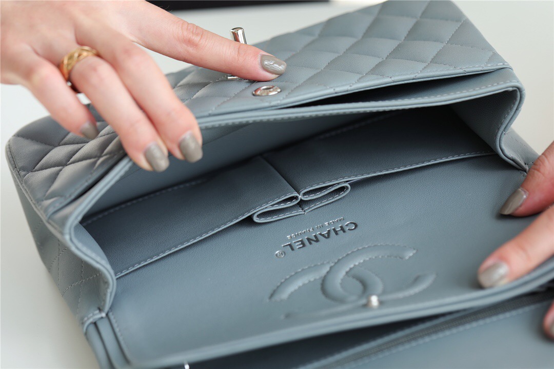 Chanel Small Classic Handbag Sheepskin & silver-Tone Metal A01113 grey