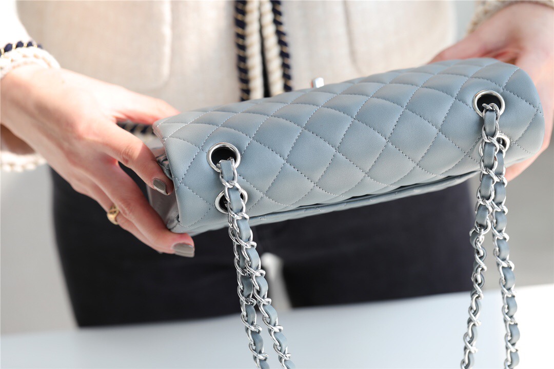 Chanel Small Classic Handbag Sheepskin & silver-Tone Metal A01113 grey