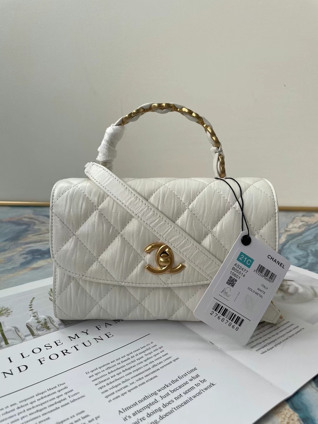 Chanel mini flap bag with top handle AS2477 white