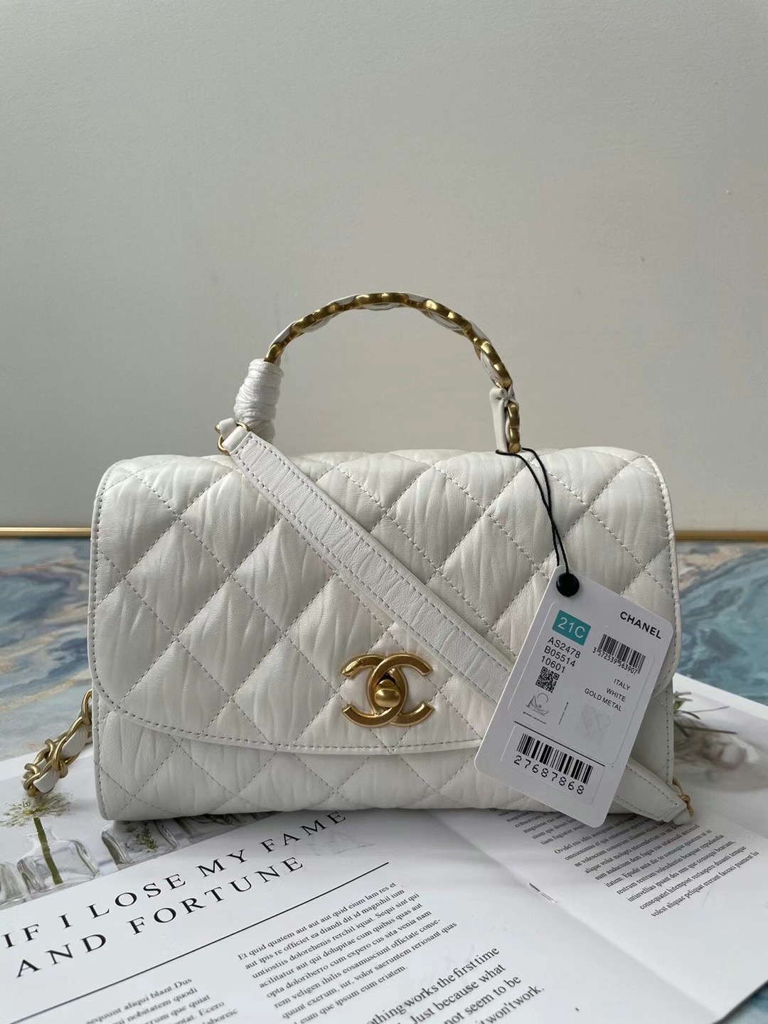 Chanel mini flap bag with top handle AS2478 white