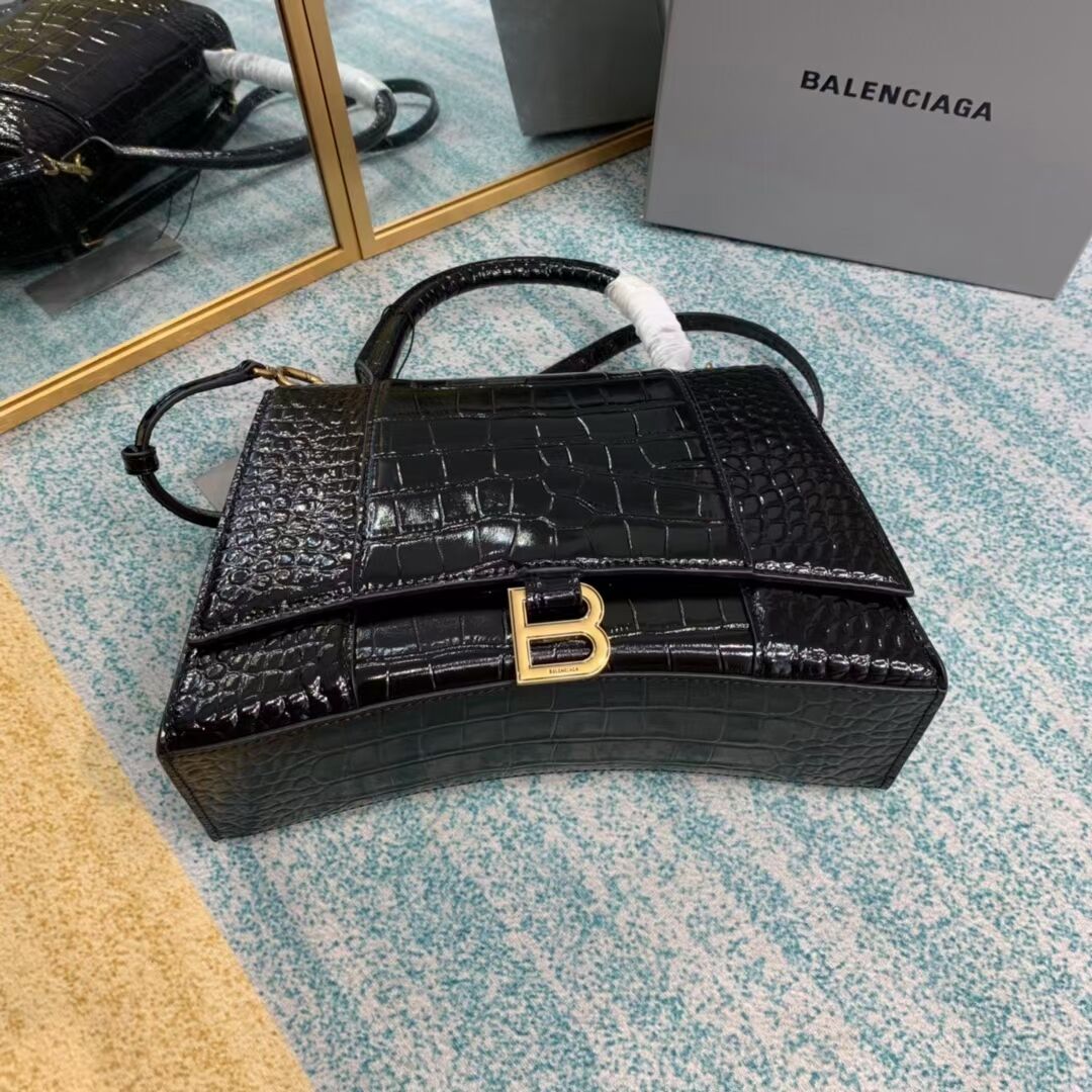 Balenciaga HOURGLASS MEDIUM TOP HANDLE BAG B108892E black&aged-gold hardware 