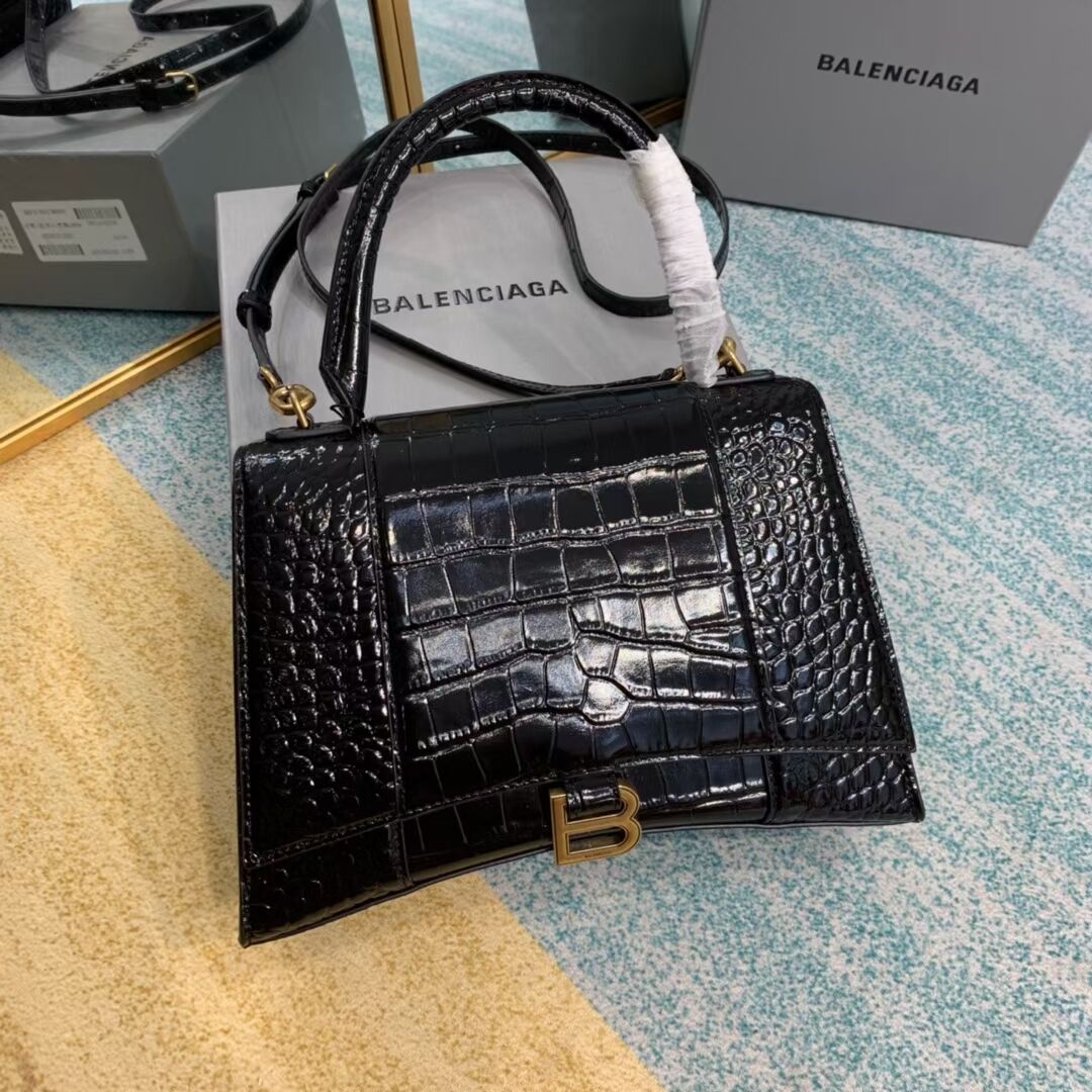 Balenciaga HOURGLASS MEDIUM TOP HANDLE BAG B108892E black&aged-gold hardware 