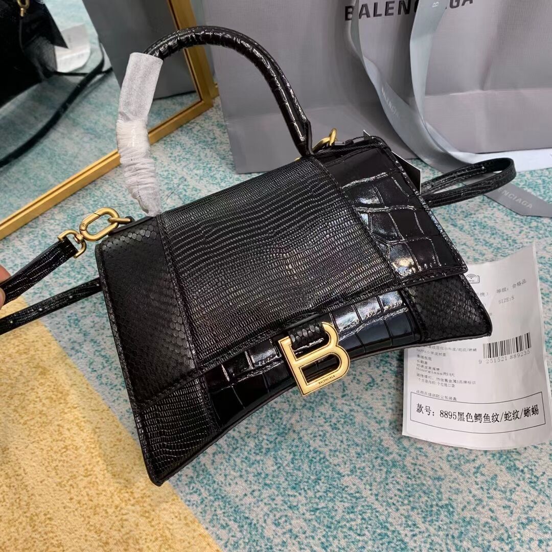 Balenciaga Hourglass Small Top Handle Bag crocodile embossed calfskin B108891E black