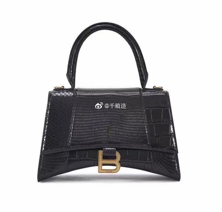 Balenciaga Hourglass Small Top Handle Bag crocodile embossed calfskin B108891E black