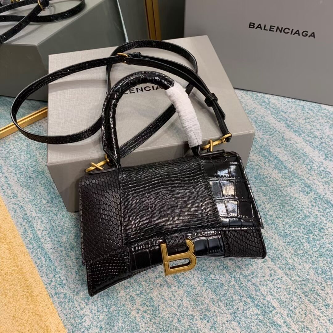 Balenciaga Hourglass XS Top Handle Bag shiny crocodile embossed calfskin B108892E black