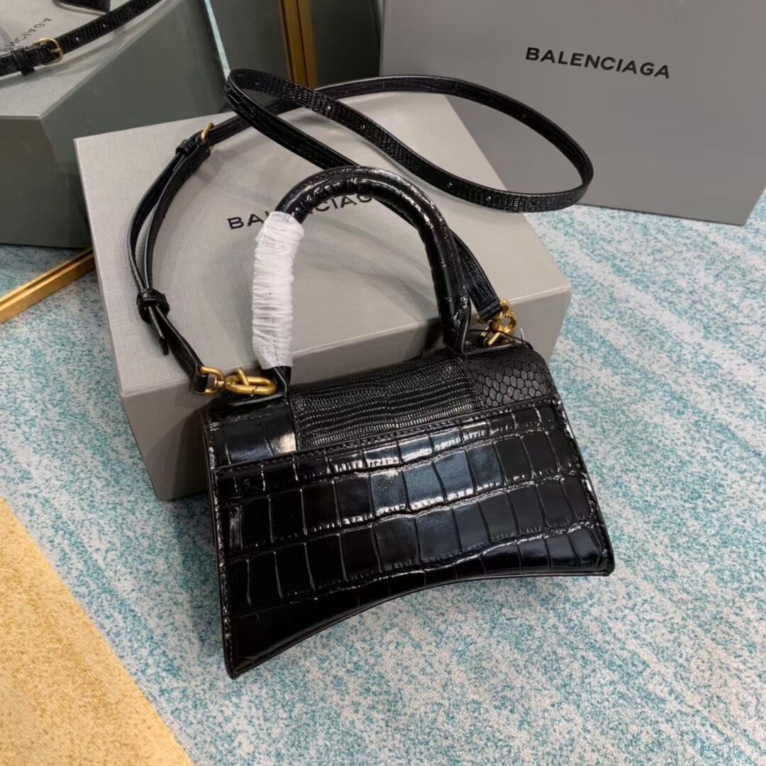 Balenciaga Hourglass XS Top Handle Bag shiny crocodile embossed calfskin B108892E black