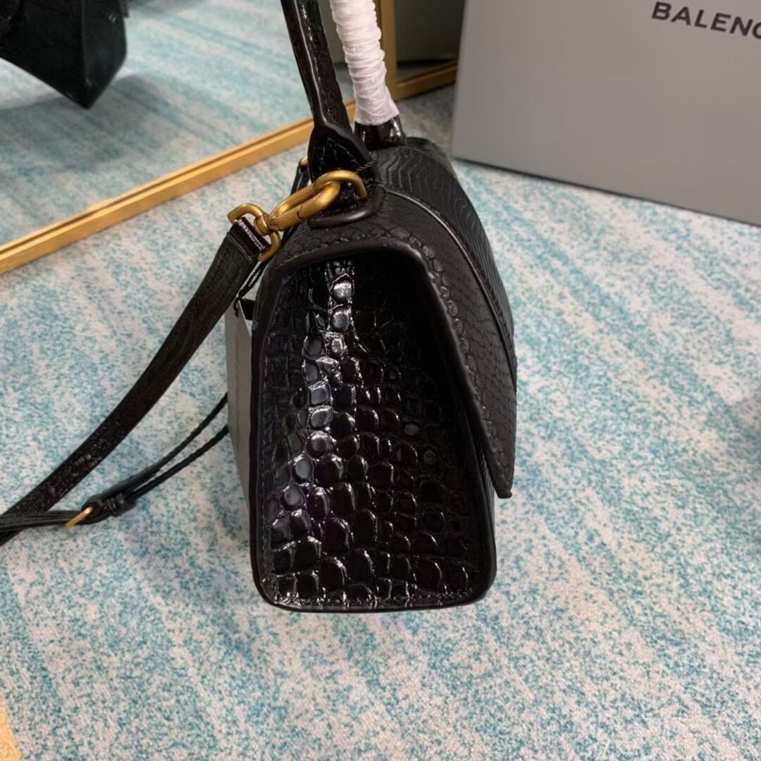 Balenciaga Hourglass XS Top Handle Bag shiny crocodile embossed calfskin B108892E black