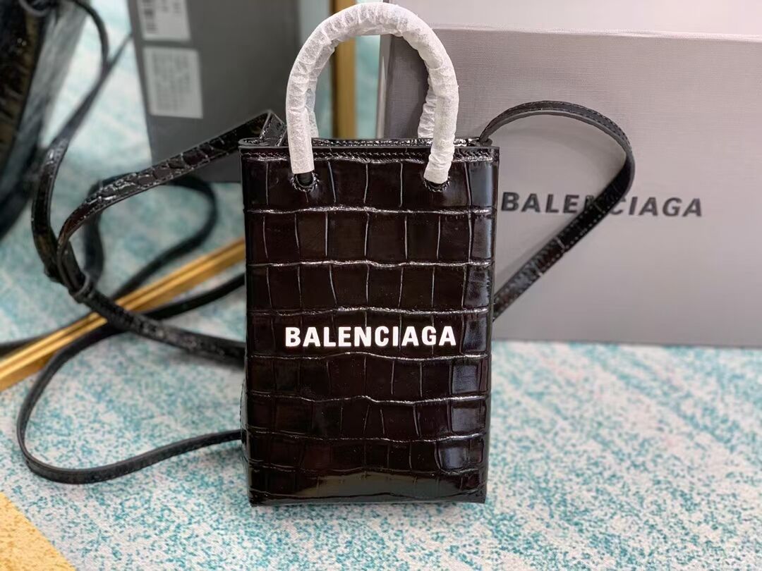 Balenciaga Original shiny crocodile embossed leather Mini Shopper Bag B152865 black