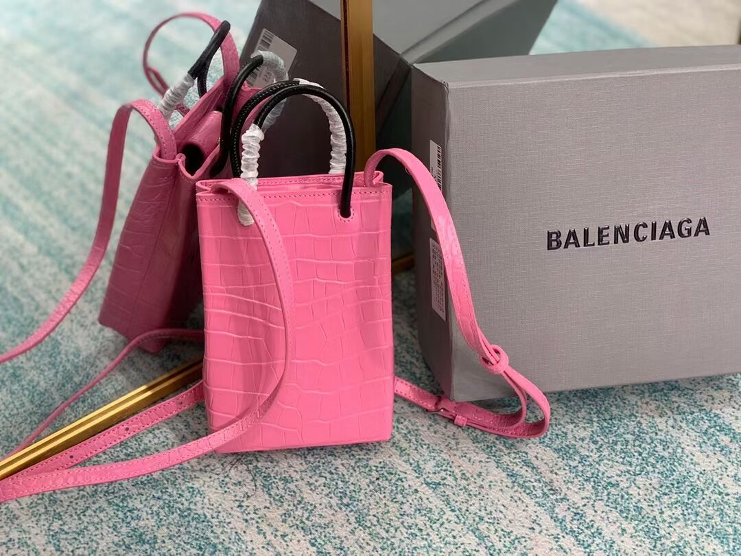 Balenciaga Original shiny crocodile embossed leather Mini Shopper Bag B152865 pink