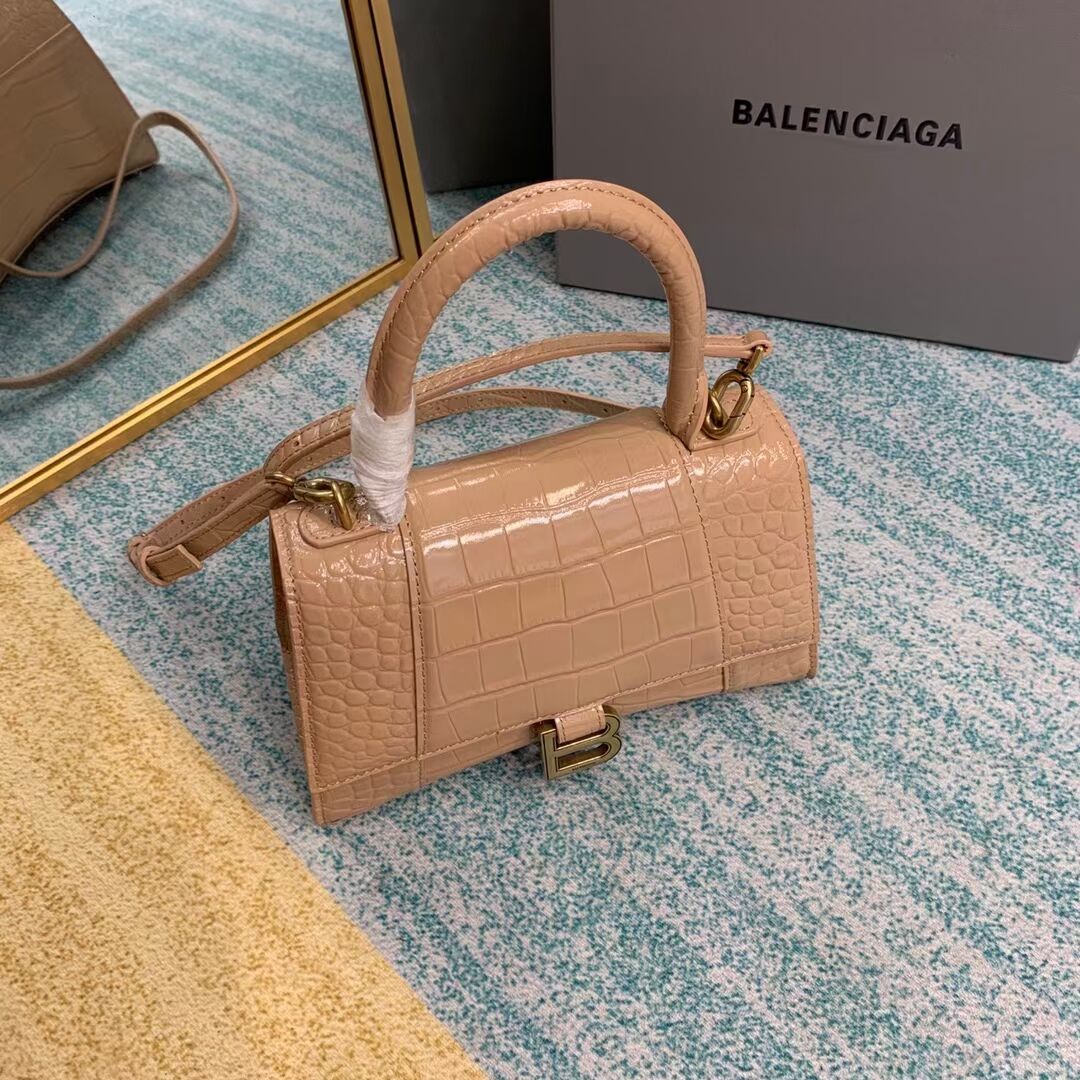 Balenciaga HOURGLASS SMALL TOP HANDLE BAG crocodile embossed calfskin B108895E apricot