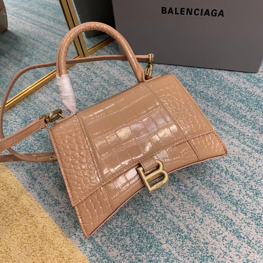 Balenciaga HOURGLASS SMALL TOP HANDLE BAG crocodile embossed calfskin B108895E apricot