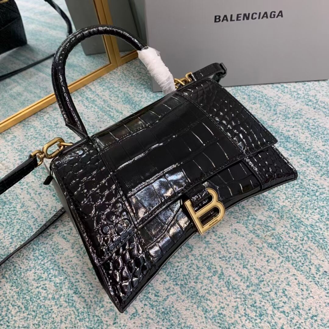 Balenciaga HOURGLASS SMALL TOP HANDLE BAG crocodile embossed calfskin B108895E black