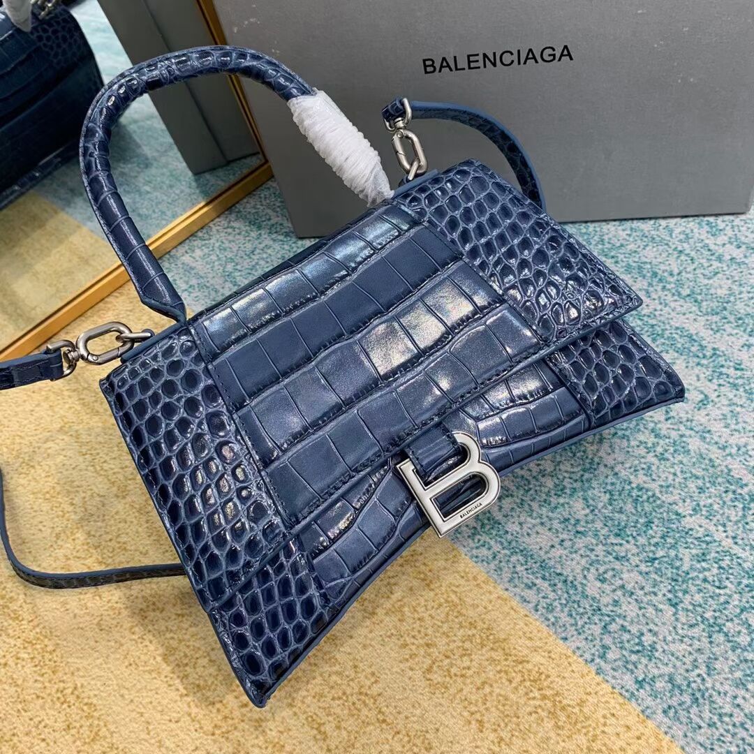 Balenciaga HOURGLASS SMALL TOP HANDLE BAG crocodile embossed calfskin B108895E blue