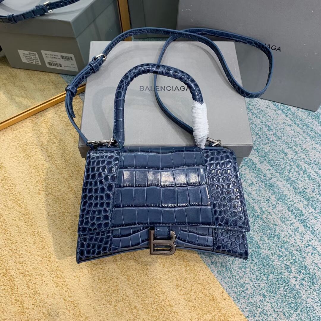 Balenciaga HOURGLASS SMALL TOP HANDLE BAG crocodile embossed calfskin B108895E blue