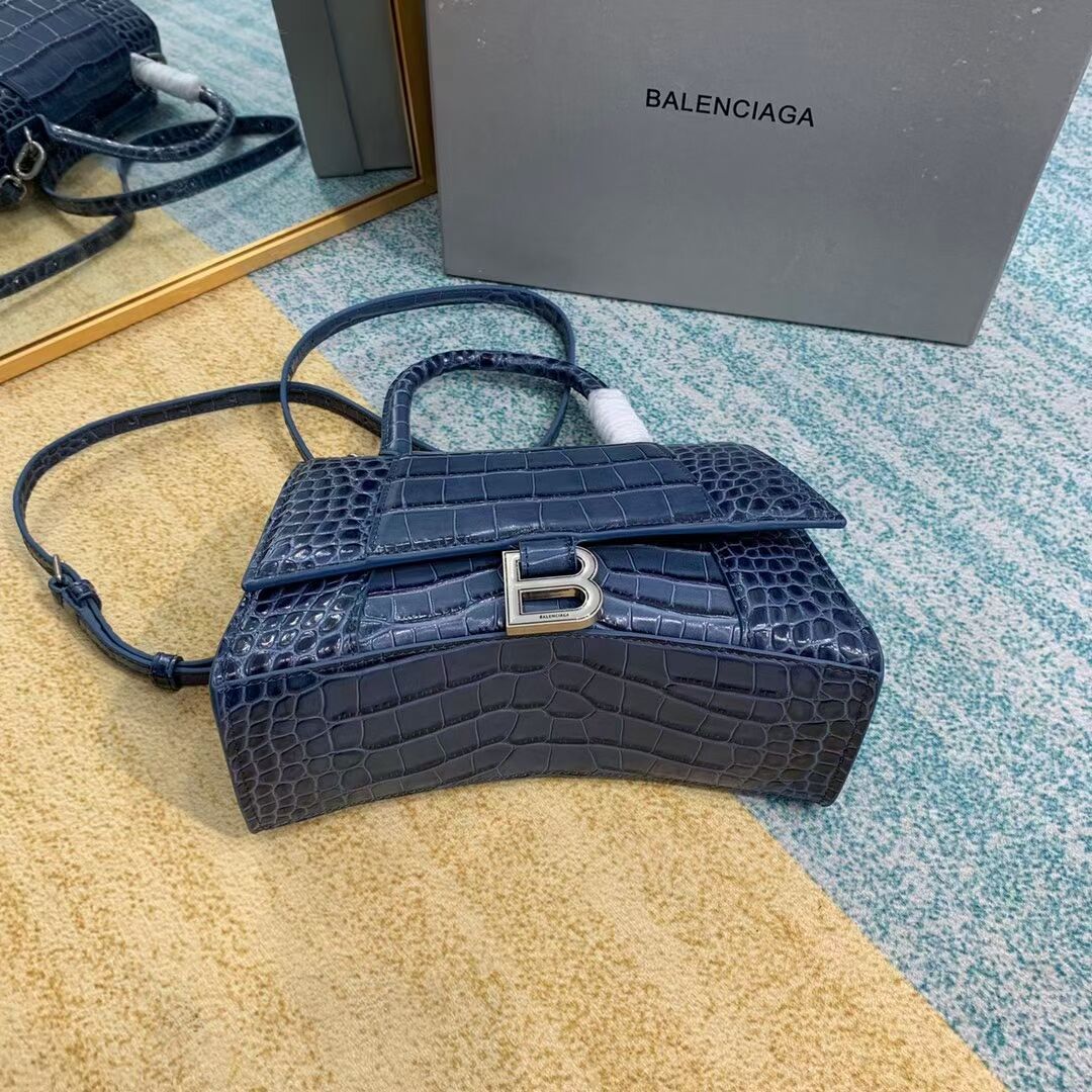 Balenciaga HOURGLASS SMALL TOP HANDLE BAG crocodile embossed calfskin B108895E blue