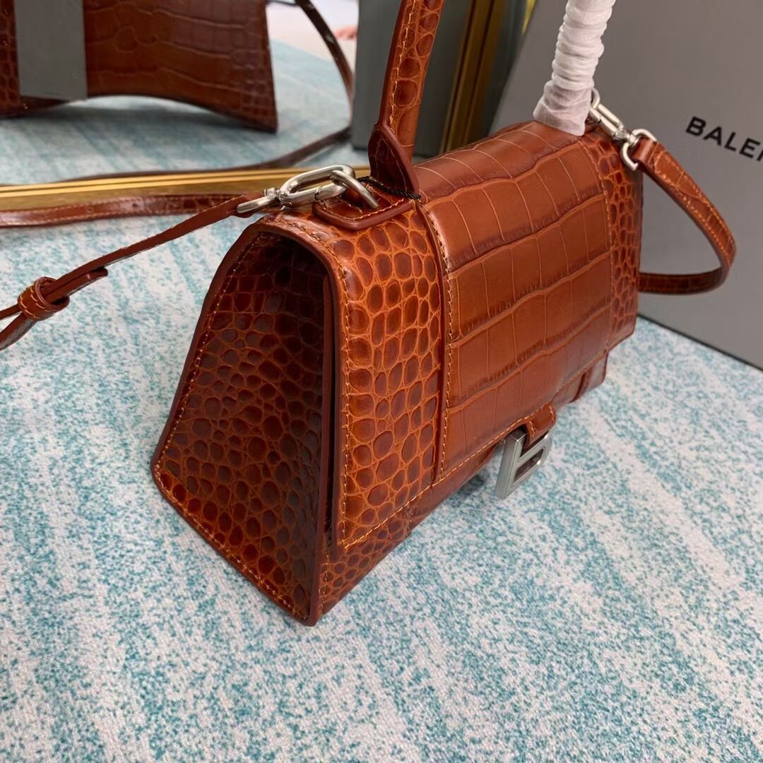 Balenciaga HOURGLASS SMALL TOP HANDLE BAG crocodile embossed calfskin B108895E brown