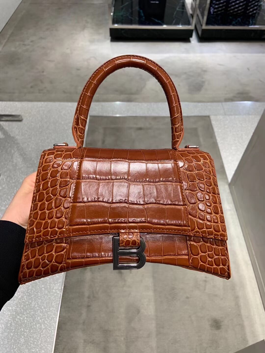 Balenciaga HOURGLASS SMALL TOP HANDLE BAG crocodile embossed calfskin B108895E brown