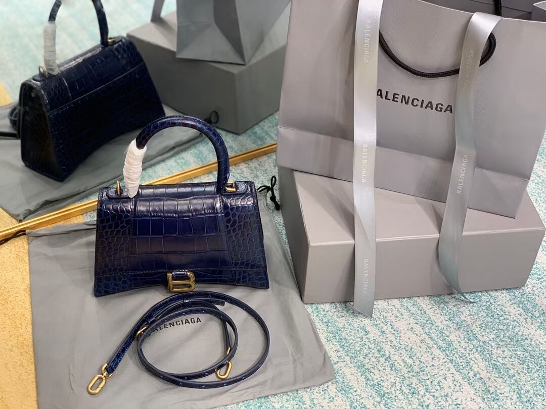 Balenciaga HOURGLASS SMALL TOP HANDLE BAG crocodile embossed calfskin B108895E dark blue