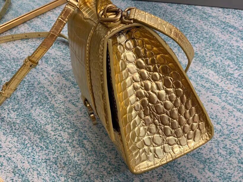 Balenciaga HOURGLASS SMALL TOP HANDLE BAG crocodile embossed calfskin B108895E gold