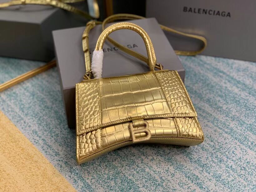 Balenciaga HOURGLASS SMALL TOP HANDLE BAG crocodile embossed calfskin B108895E gold