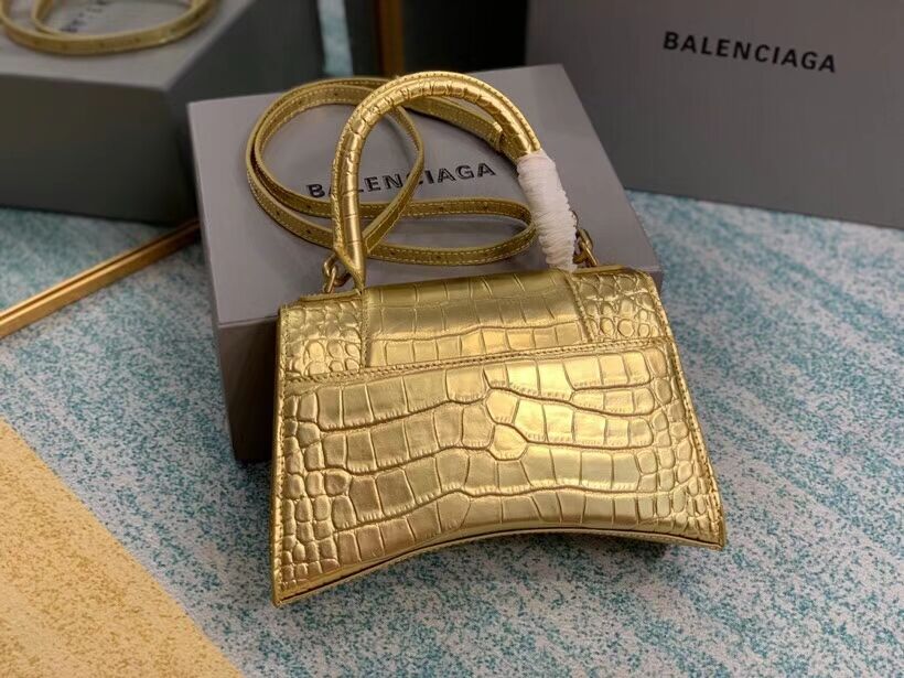 Balenciaga HOURGLASS SMALL TOP HANDLE BAG crocodile embossed calfskin B108895E gold