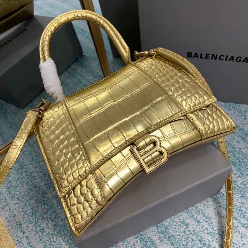 Balenciaga HOURGLASS SMALL TOP HANDLE BAG crocodile embossed calfskin B108895E gold