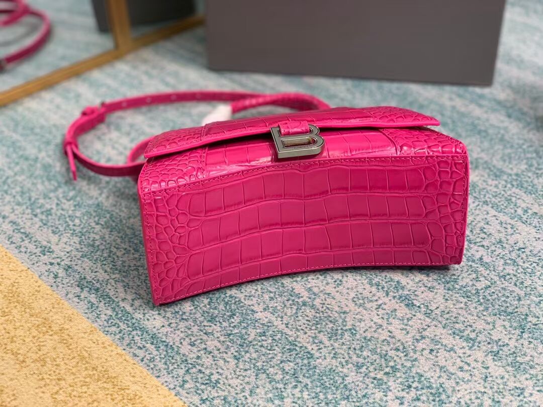 Balenciaga HOURGLASS SMALL TOP HANDLE BAG crocodile embossed calfskin B108895E neon pink