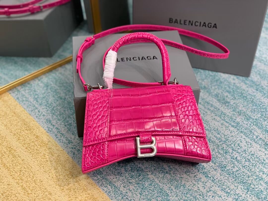 Balenciaga HOURGLASS SMALL TOP HANDLE BAG crocodile embossed calfskin B108895E neon pink