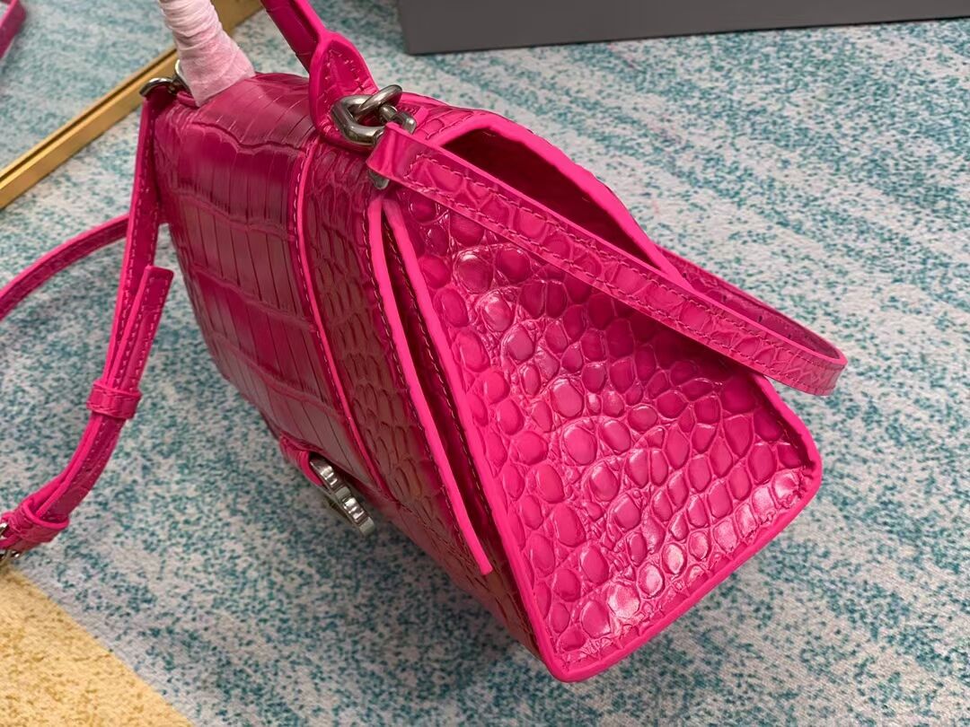 Balenciaga HOURGLASS SMALL TOP HANDLE BAG crocodile embossed calfskin B108895E neon pink