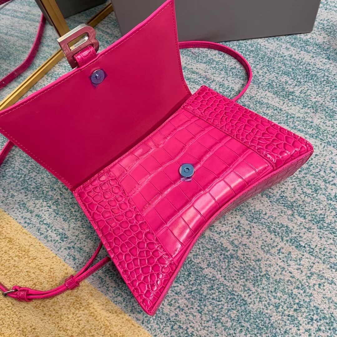 Balenciaga HOURGLASS SMALL TOP HANDLE BAG crocodile embossed calfskin B108895E neon pink