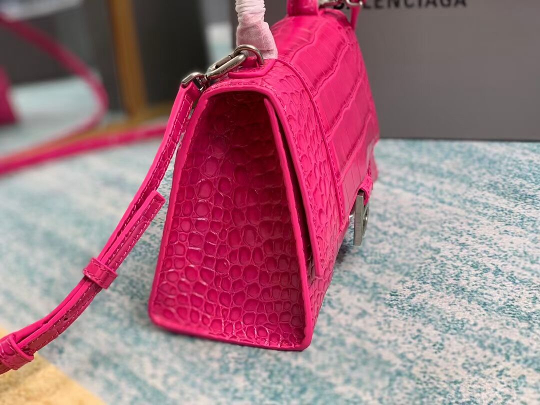 Balenciaga HOURGLASS SMALL TOP HANDLE BAG crocodile embossed calfskin B108895E neon pink