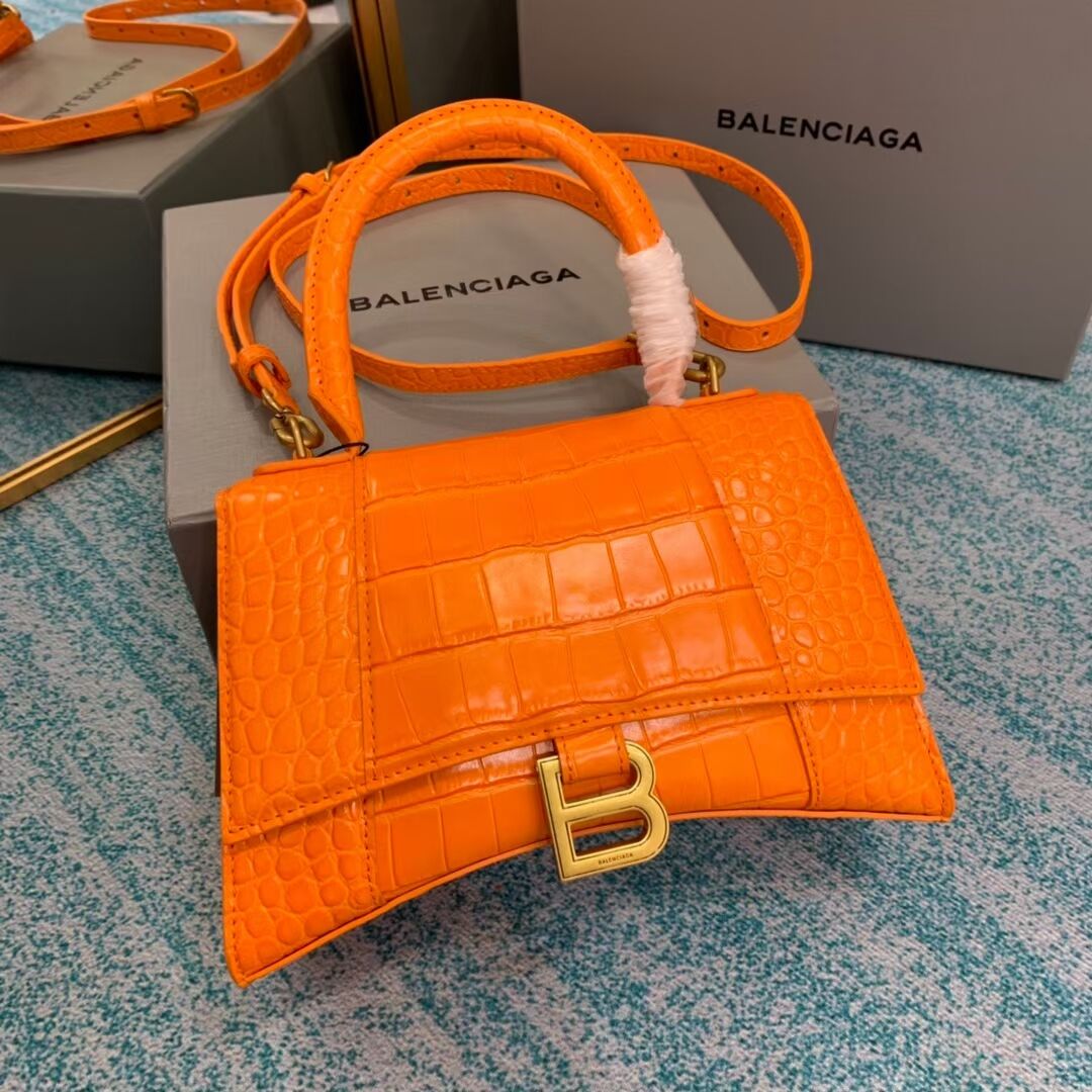 Balenciaga HOURGLASS SMALL TOP HANDLE BAG crocodile embossed calfskin B108895E orange