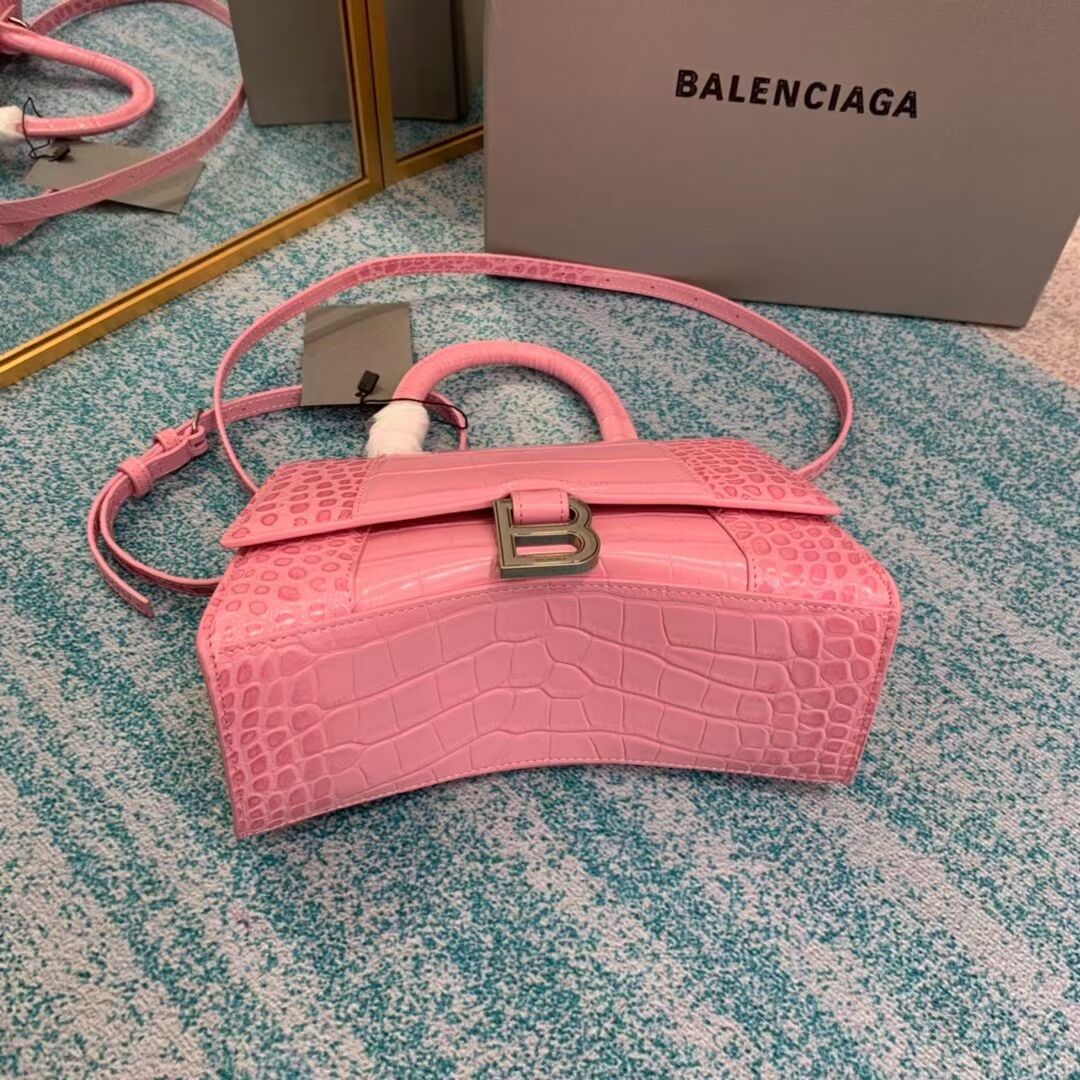 Balenciaga HOURGLASS SMALL TOP HANDLE BAG crocodile embossed calfskin B108895E pink