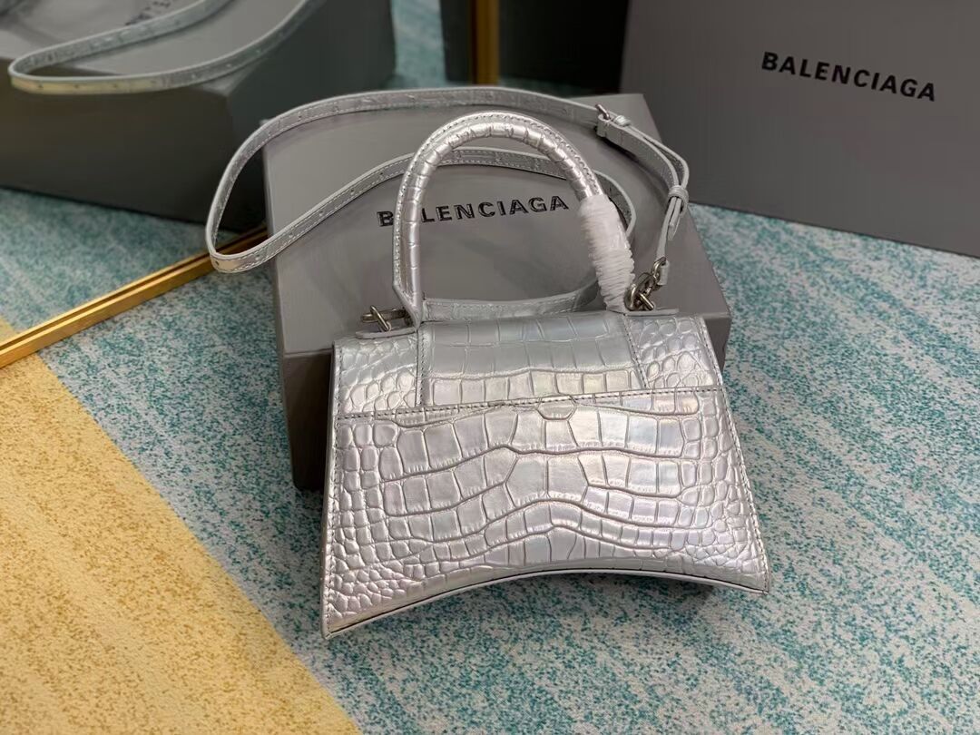 Balenciaga HOURGLASS SMALL TOP HANDLE BAG crocodile embossed calfskin B108895E silver