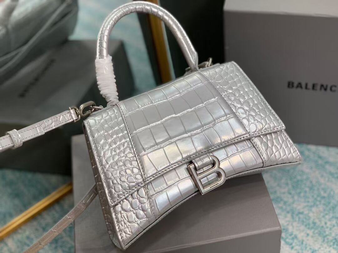 Balenciaga HOURGLASS SMALL TOP HANDLE BAG crocodile embossed calfskin B108895E silver