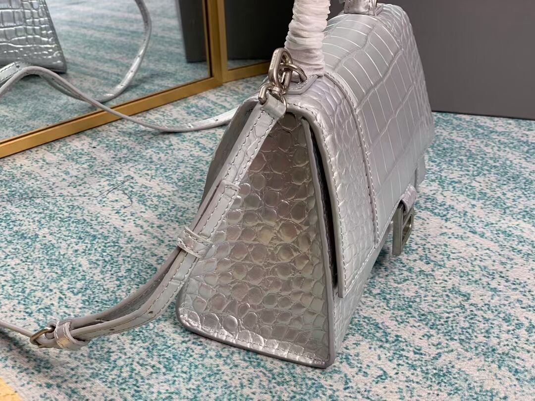 Balenciaga HOURGLASS SMALL TOP HANDLE BAG crocodile embossed calfskin B108895E silver