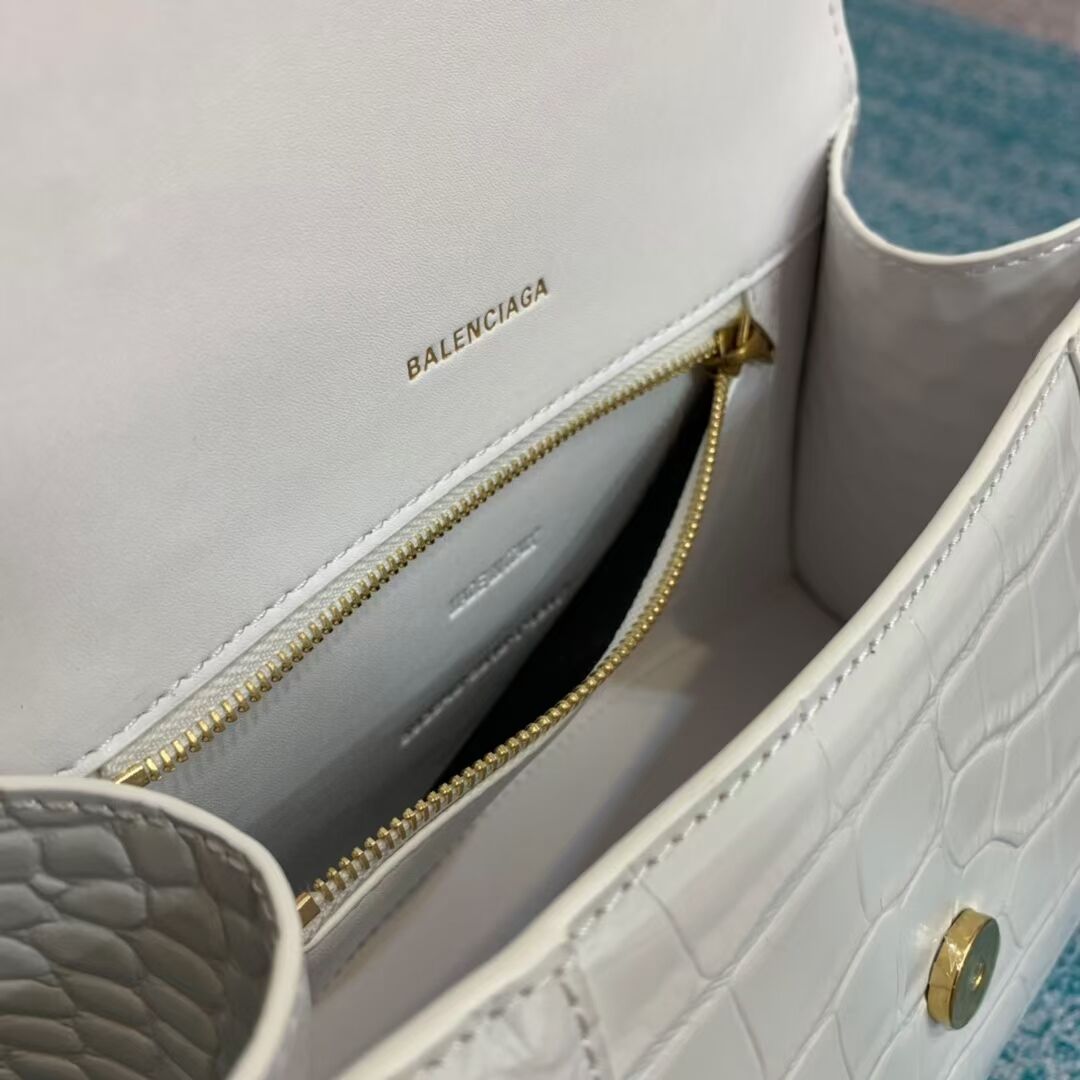 Balenciaga HOURGLASS SMALL TOP HANDLE BAG crocodile embossed calfskin B108895E white