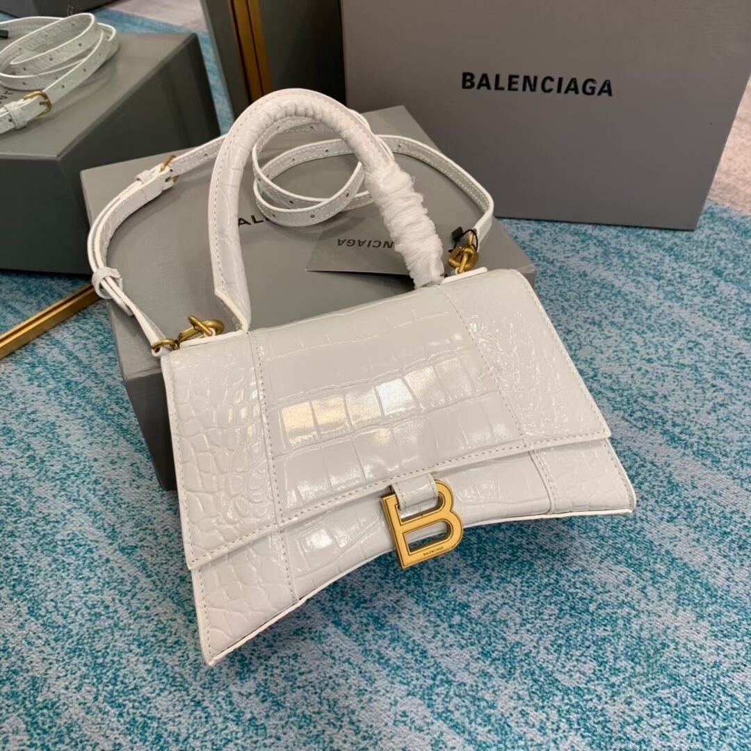 Balenciaga HOURGLASS SMALL TOP HANDLE BAG crocodile embossed calfskin B108895E white